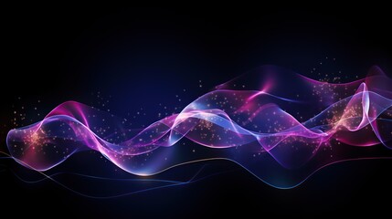 Fototapeta premium Abstract purple and blue glowing light wave with particles on black background