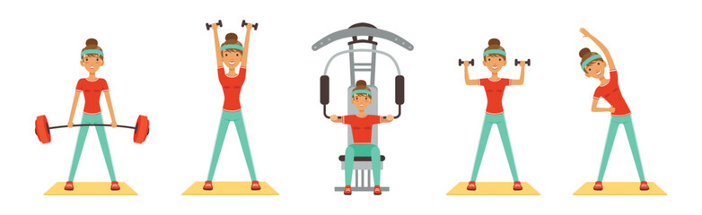 Woman Character at Sport Gym Training and Workout Vector Set