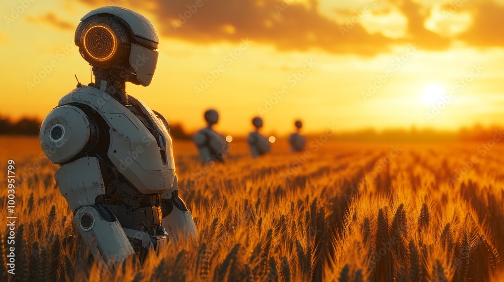 Poster A robot stands in a field of wheat