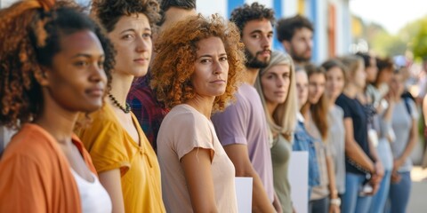 Fototapeta premium A diverse group of people standing in line at a polling station, ready to vote