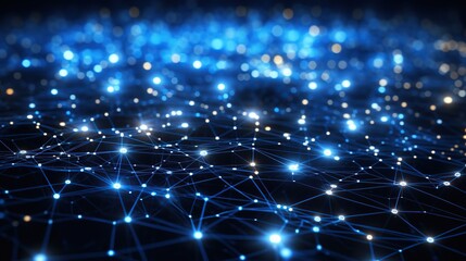 Obraz premium Abstract digital network, glowing blue lines and nodes on dark background, concept of connection, technology, communication