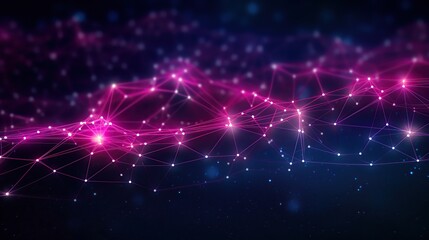 Obraz premium Abstract digital network with pink and blue glowing lines and particles in dark background. Futuristic technology concept