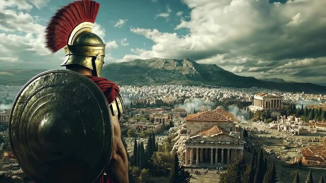 A Roman soldier stands guard, gazing over the ancient city of Athens