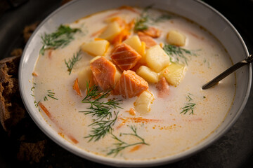 Traditional Finnish soup of fish soup with salmon.