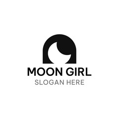 Moon girl logo template in simple flat style. Moon and hair girl vector illustration