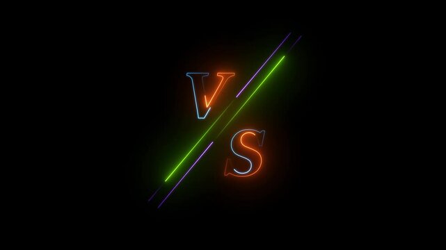 VS versus neon animated versus vs multiplayer co op team with smoky black background 4k looping. Versus screen in neon style.. Neon banner Announcement of two fighters. Competition vs match game.