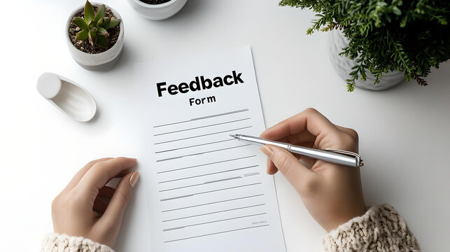 Person writing feedback form at desk with plants
