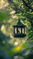 Bird feeder hanging in lush green forest
