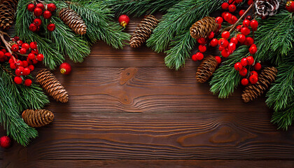  Christmas Border frame of tree branches red berries and pine cones