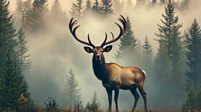A majestic stag stands in a foggy forest, its antlers reaching towards the sky