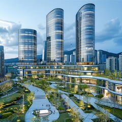 Fototapeta premium The three towers with podiums, commercial buildings, and green spaces around them, with high-rise office building design.