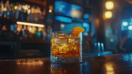 A refreshing cocktail served in a cozy bar during the evening hours with dim lighting