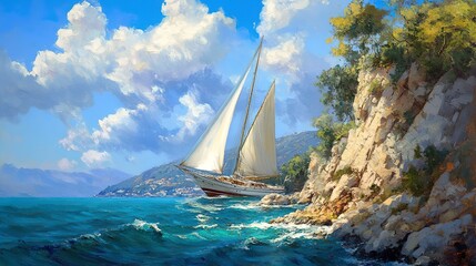 Yacht off the coast on the trail. 