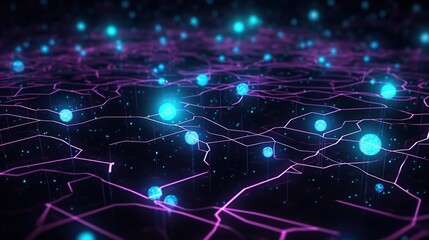 Obraz premium Abstract background with glowing blue orbs and pink lines, futuristic technology concept
