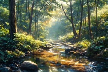 Obraz premium Serene Forest with Sunlight and Flowing Stream