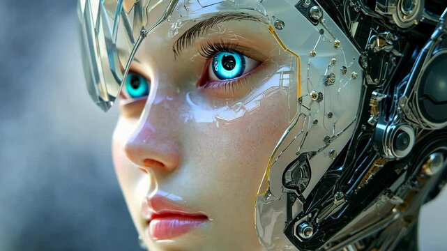 A close-up of a cyborg woman with blue eyes and a metallic helmet