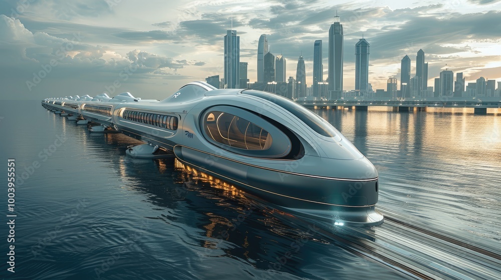 Aufkleber A city floating on the ocean and connected by a high speed train.