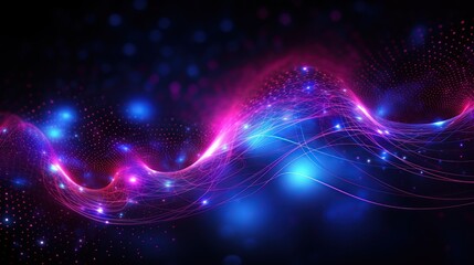 Obraz premium Abstract purple and blue glowing neon lights on a black background, concept of energy and movement