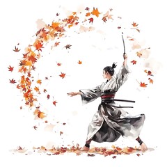 Naklejka premium Samurai Warrior with Falling Autumn Leaves in Watercolor Style.
