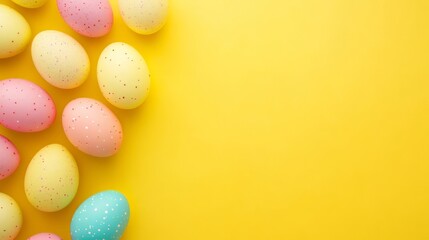 Obraz premium Pastel Colored Easter Eggs on Yellow Background for Spring Holiday