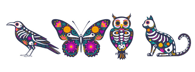 Kit of skeleton decorated with flowers and decorative elements. Festive animal for the Mexican Day of the Dead,  Dia de los Muertos.