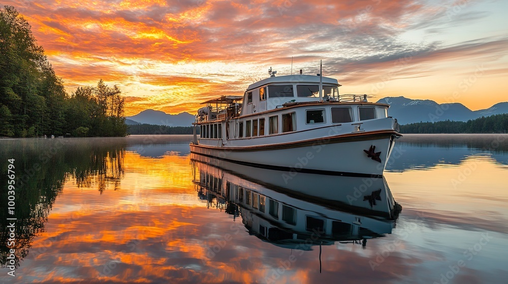 Poster tranquil sunset cruise , pristine lake cabin cruiser , stunning reflective dock , picturesque landscape photo 