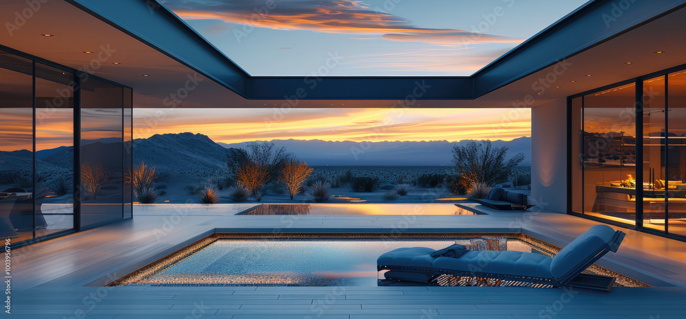 Poster a huge home with a large glass window behind with a beautiful view of a desert dunes, lounge chair, 