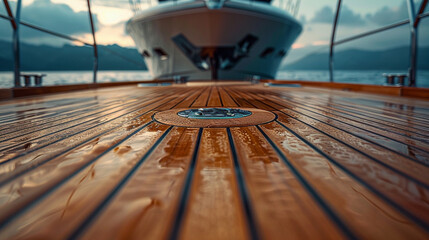 Teak wood deck background with rich, golden-brown hues and natural grain patterns. Sleek, smooth finish, evoking a luxury yacht feel. Yachting elegance embodied.