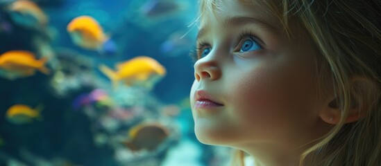 Young girl looking up at a tank full of colorful fish.