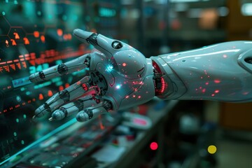 A robotic hand interacts with futuristic data interface in a high-tech laboratory, showcasing advanced artificial intelligence technology.