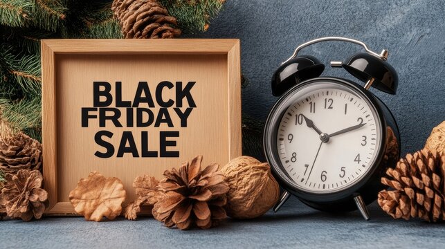 A black and white alarm clock stands next to a wooden frame with the words Black Friday, set on a smooth gray concrete surface in a minimalistic environment, highlighting the occasion