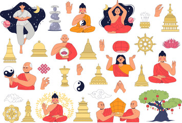 Set of Buddhist philosophy with stupa. Buddhist monks old and young women and men meditate, interpret the teachings of karma, celebrate the birth of Buddha