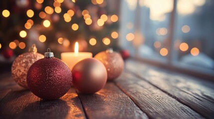 Fototapeta premium Warm glow of holiday ornaments and candlelight near a sparkling Christmas tree during a festive evening