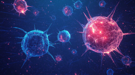 Cancer cells represented in a low poly wireframe for oncology, featuring a vector polygonal image in the form of a starry sky or space. Composed of points, lines, and shapes resembling stars with dest © Sahraya
