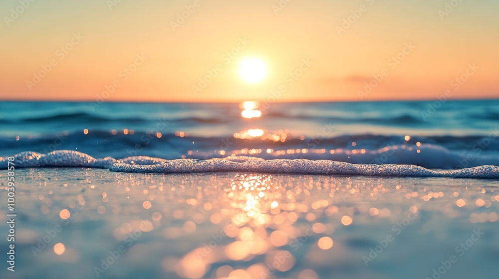 Sticker Summer background image of tropical beach with blurred horizon at sunset Light sand of beach against backdrop of sparkling ocean water Natural seascape  