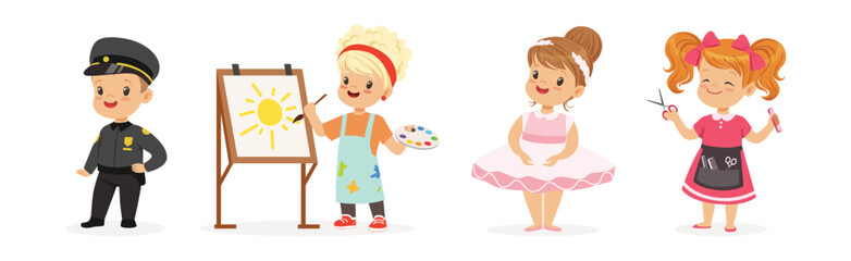 Funny Kid Character Wear Professional Uniform Vector Set