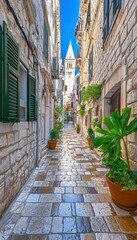Obraz premium Medieval Charm Narrow Stone Street in European Town With plants in pot,. Architectural Photography.