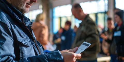 A government official checking an ID card at a polling station