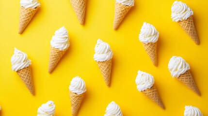 Delectable Assortment of Colorful Ice Cream Cones on Vibrant Yellow Background