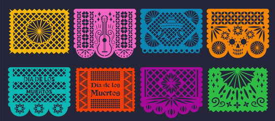 Set of Mexican Decorative Papel Picado Garland with Ornament, Sombrero Hat and Maracas. Paper Cutting Flags, Day of the Dead Pattern Garland