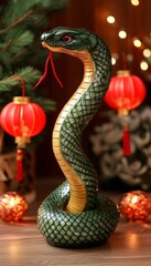 Fototapeta premium Green Snake Sculpture with Golden Details and Red Lanterns, Chinese New Year Decoration.