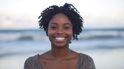 smiling black woman on beach  