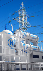 Hydrogen power station. Tanks h2 gas near electric transmission line. Hydrogen tech. Exterior energy plant under sky. High pressure tanks with hydrogen. Building with tanks and mezzanine.  © Grispb