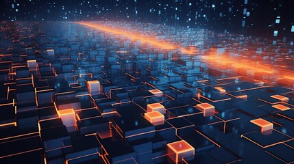 Obraz premium Abstract digital art, Glowing neon cubes with red and blue light trail effect