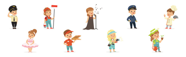 Funny Kid Character Wear Professional Uniform Vector Set