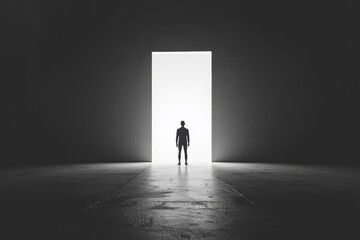 Fototapeta premium Man silhouetted in front of a bright, open doorway in a vast. Symbolizing opportunity, and new beginnings, making it ideal for themes of decision-making, life transitions, and personal growth.