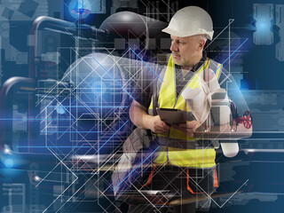 Man industrial technologist. Factory architect. Engineer at oil refining company. Man industrialist...