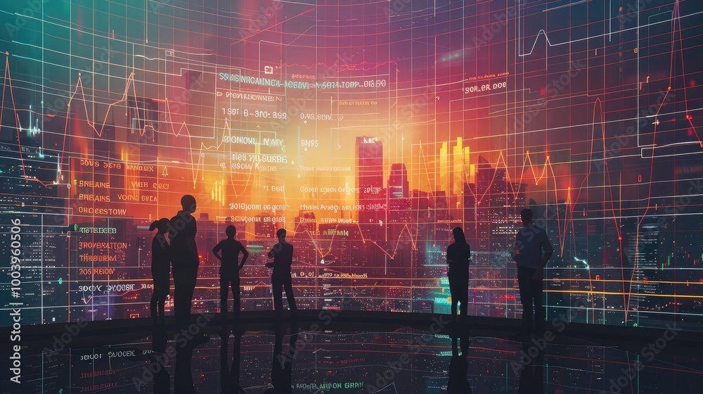 Fototapete a group of silhouettes working together, with a large financial graph or data chart in the center. t