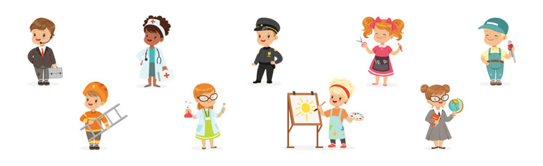 Funny Kid Character Wear Professional Uniform Vector Set