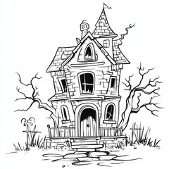 Fototapeta premium Fun Halloween coloring page featuring a cartoon haunted house for kids